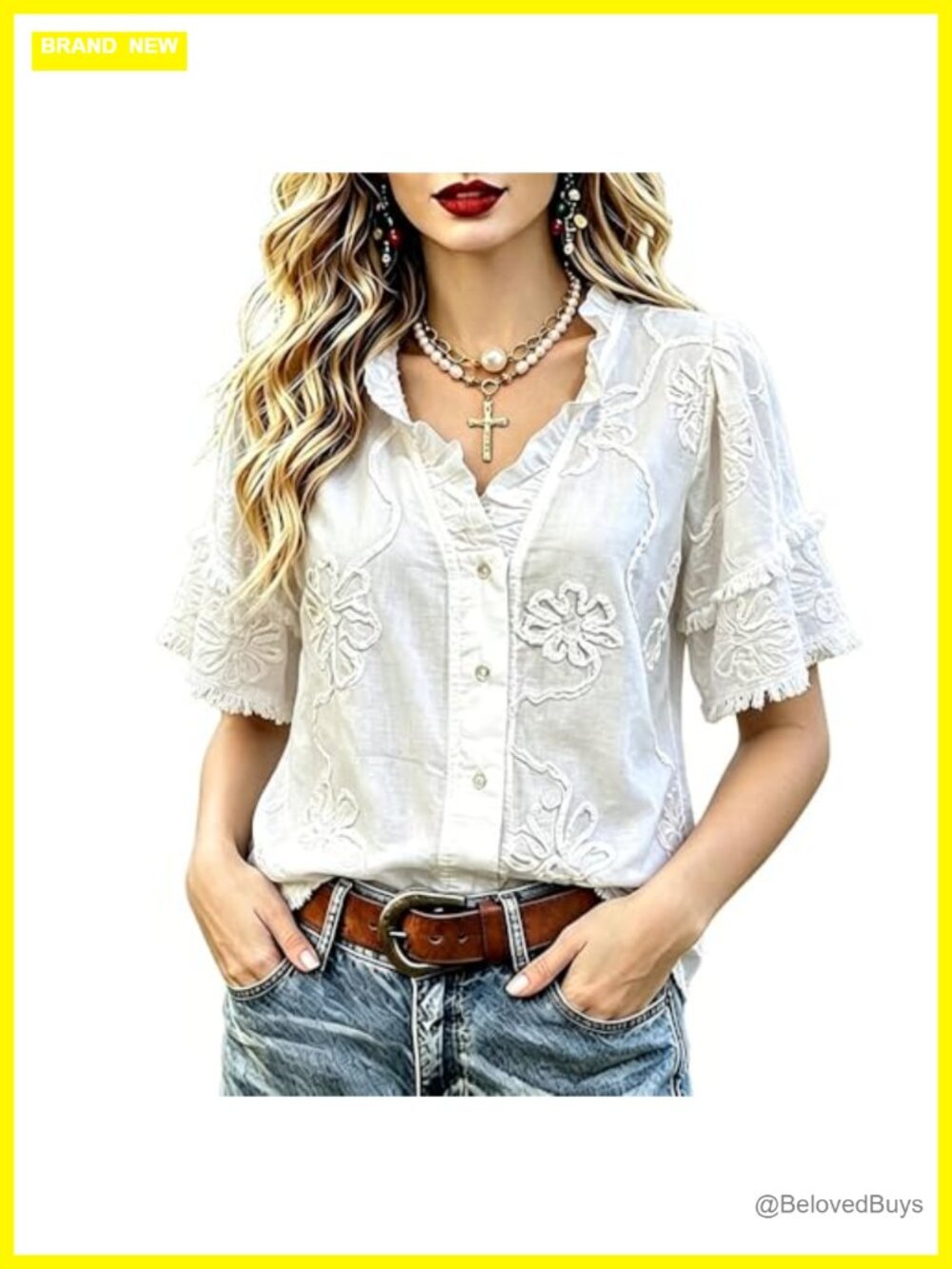 Boho Floral Embroidered Frayed Hem Blouse 100% Cotton Ruffle Neck Top